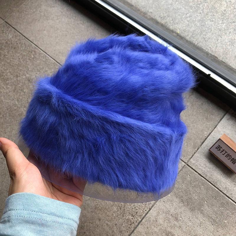

Модные шапки-бини из кроличьего меха для женщин, мягкая теплая пушистая зимняя шапка для женщин, ветрозащитная шапка-боннет, шапка-бини с отворотом 54-60cm синий