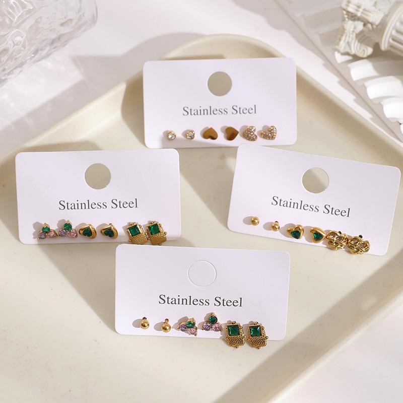 Stainless Steel Stud Earrings Set with Zirconia: Butterfly, Star, Heart & Four-Leaf Clover Designs