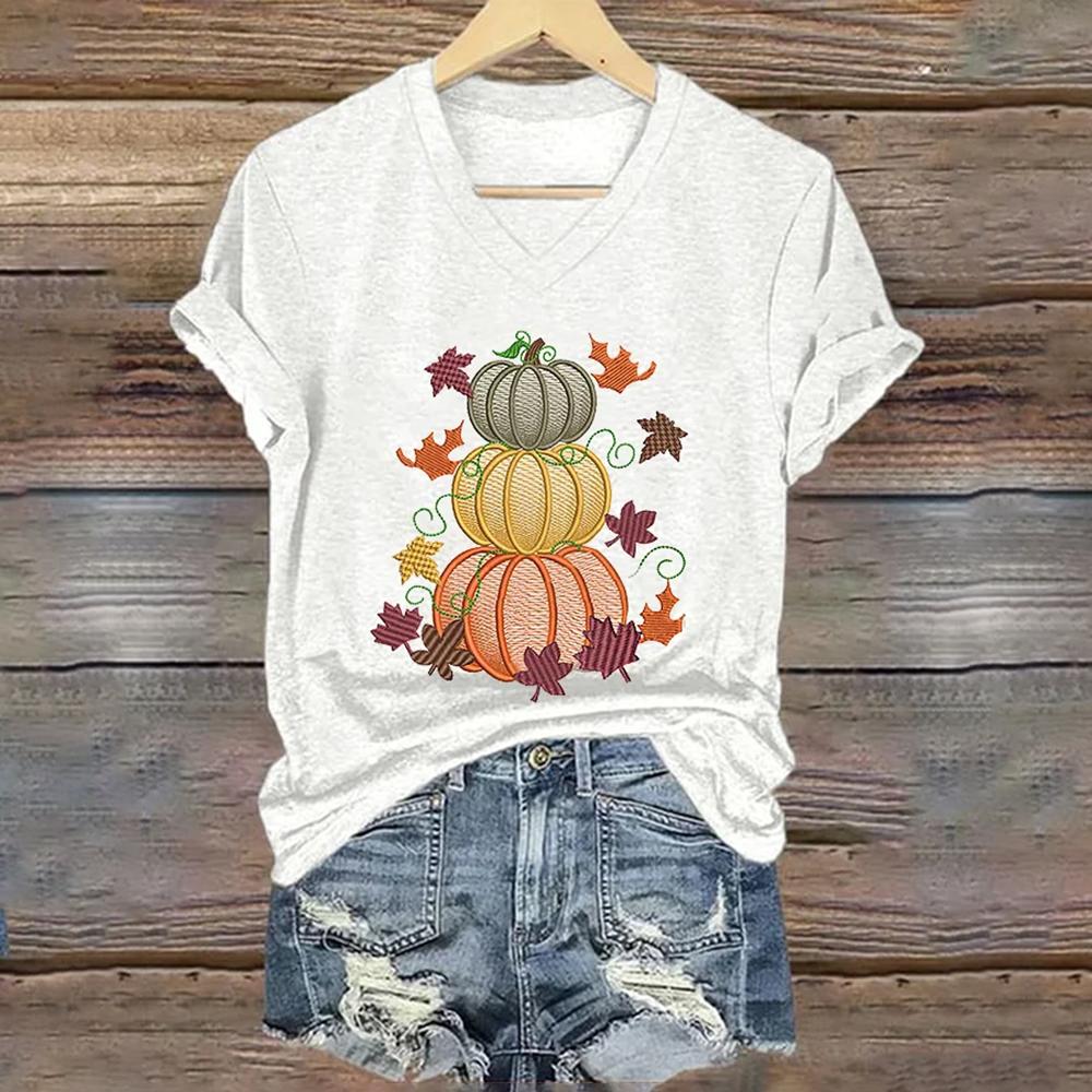 Pumpkin Print Short Sleeves T-shirts Summer Fashion Casual V-neck Women's T shirt  Women Clothing Tops Loose Pullover