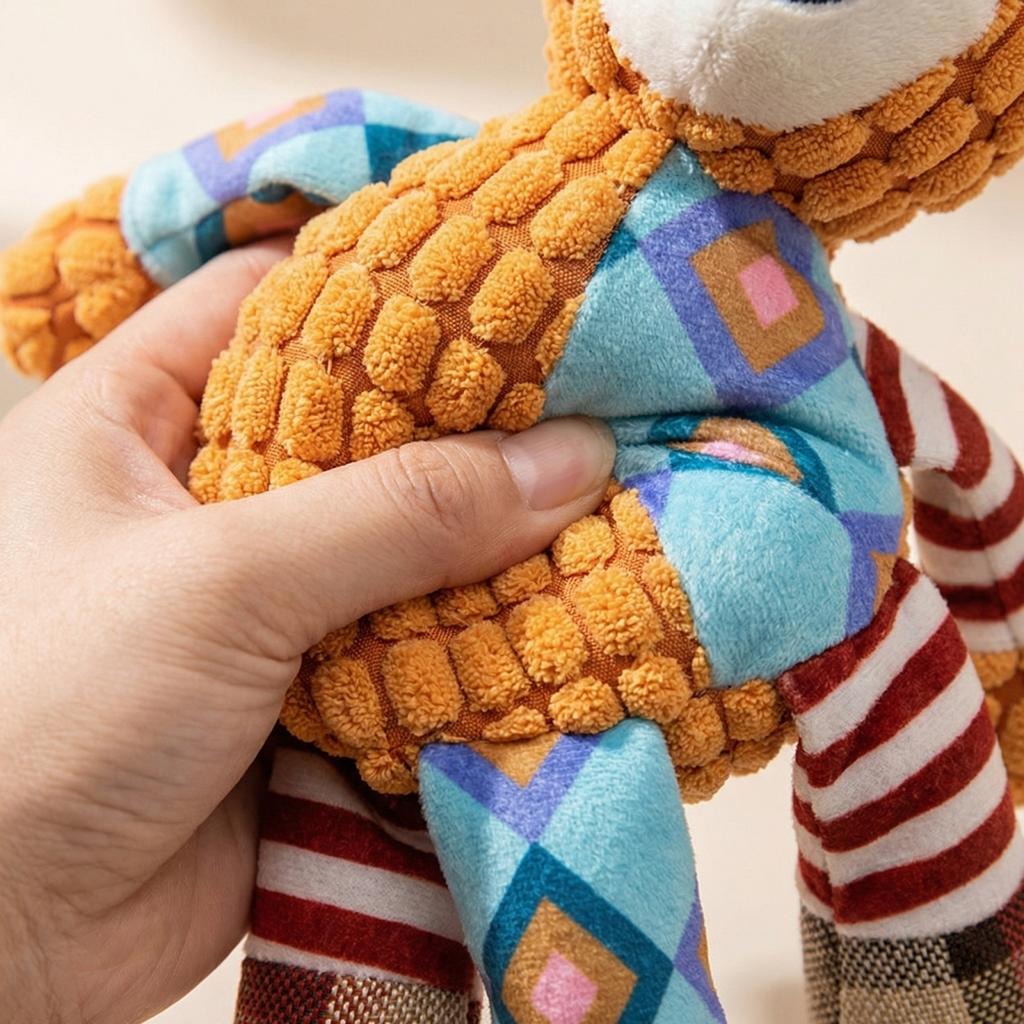 Plush Patchwork Dog Toy Soft Stuffed Animal Durable Stitching Squeaky Sound Interactive Pet Chew Toy for Medium Large Dogs