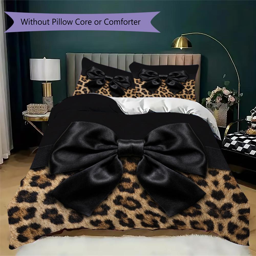 Leopard Print Bow Pattern Bedding uilt Set uilt Cover Pillowcase Home Decoration Birthday Gift (1 * duvet cover + 2 * pillowcase without core)16