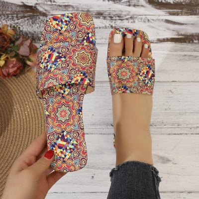 Large Size Flat Sandals for Women, Ethnic Style Summer Breathable Printed Open-toe Slippers, Roman Style Flip-flops