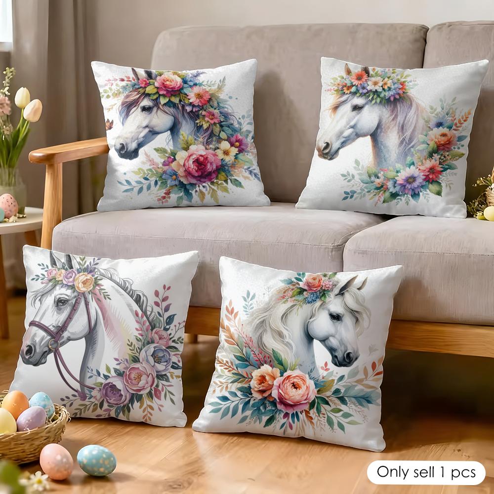 Watercolor Horse  Floral Cushion Cover Soft Plush Fabric DoubleSided Printed Cushion Covers for All Seasons Modern Home Decor
