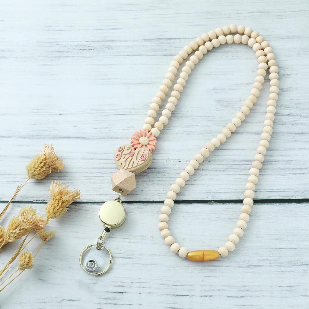 Adjustable Wooden & Silicone Bead Lanyard Necklace for ID Cards