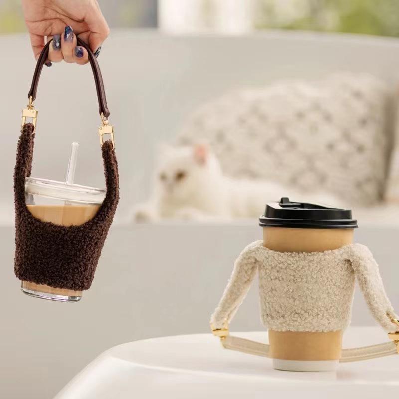 Furry Cup Sleeve Holder, Reusable Detachable Coffee Cup Cozy With Handle & Magic Strap For 30/40oz Tumblers