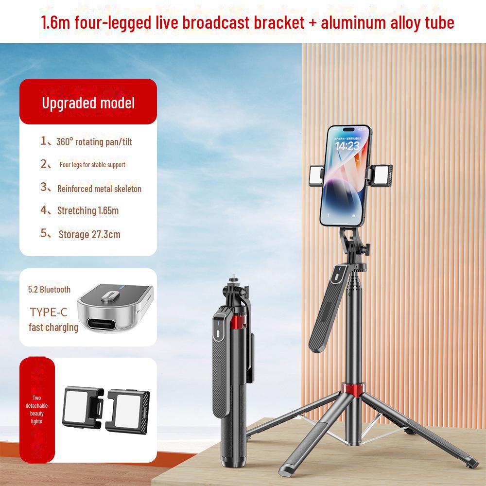 Stabilizzatore portatile P185: Quadripiede con fotocamera mobile in lega di alluminio e bastone per selfie Bluetooth con luce di riempimento