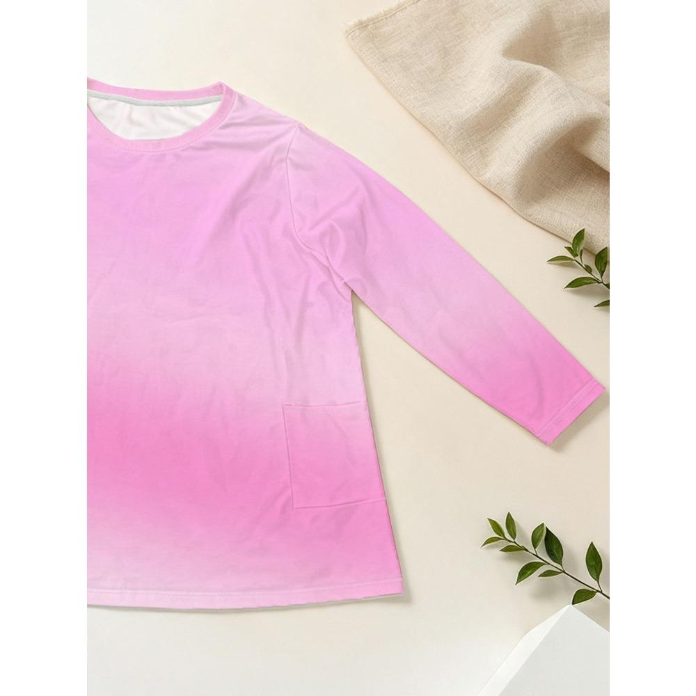 Plus Size - Women's Long Sleeve Top, Pink Gradual Change Solid Crew Neck Medium and Long Loose with Side Pocket Casual T-Shirt