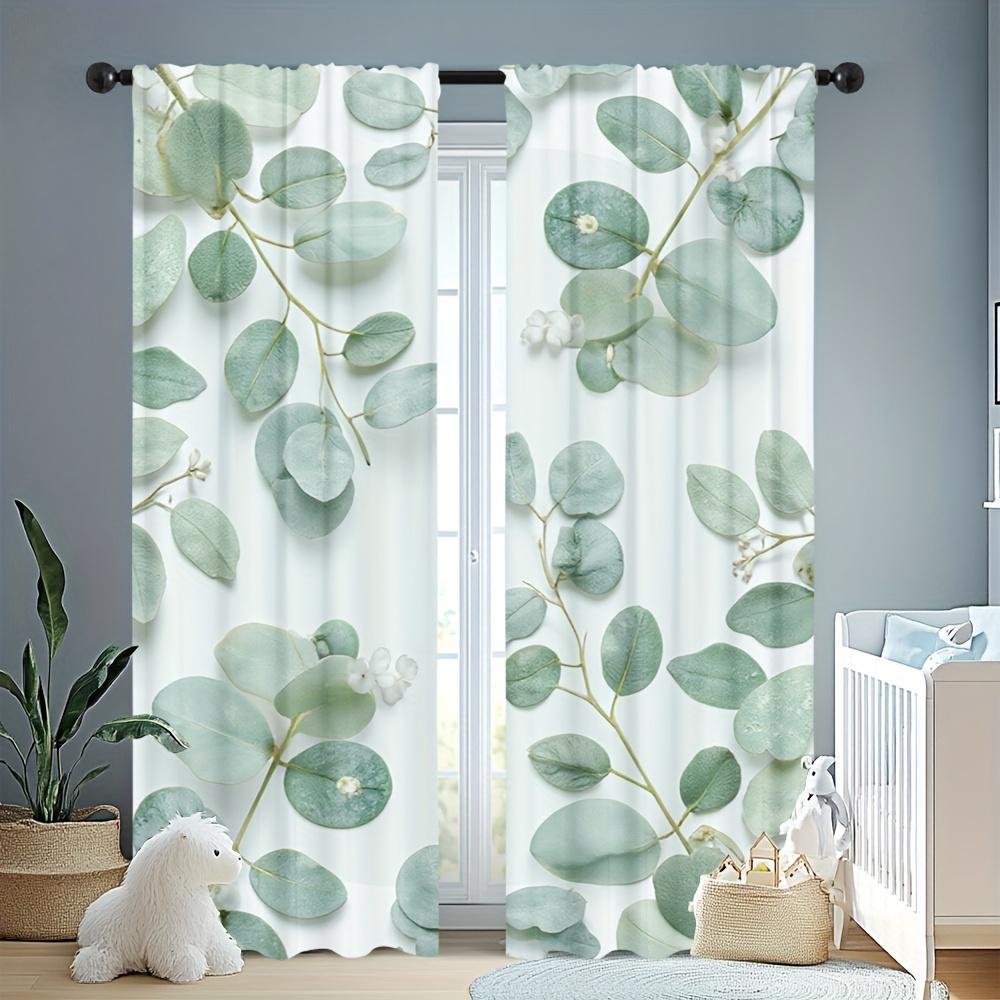 2 Pieces Green Leaf Print Curtains, Polyester Fabric, Machine Washable, Suitable For Bedroom Living Room Decoration