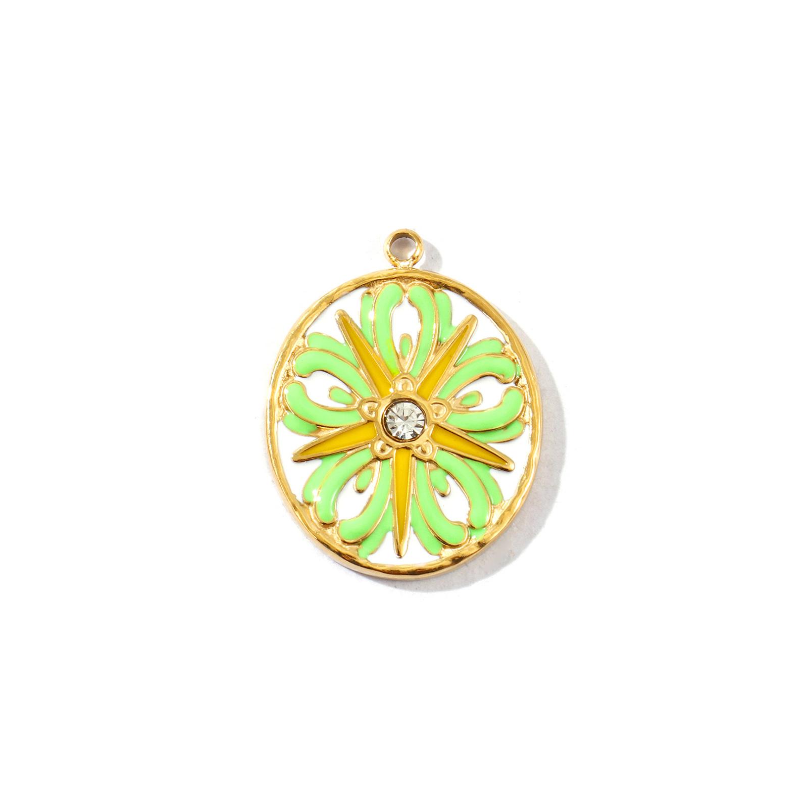 

1 PC Disc Flower Charms Enamel Round Clear Rhinestone 304 Stainless Steel 14K Gold Plated Pendants DIY Necklace Making 26x20mm зелений