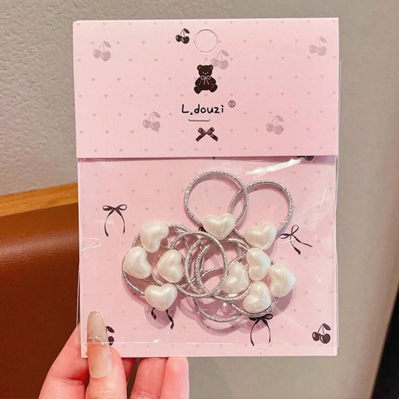 10pcs Suitable Girls Baby Ponytail Holders High Elasticity Durable Hair Silver White Heart Shaped Rubber Bands