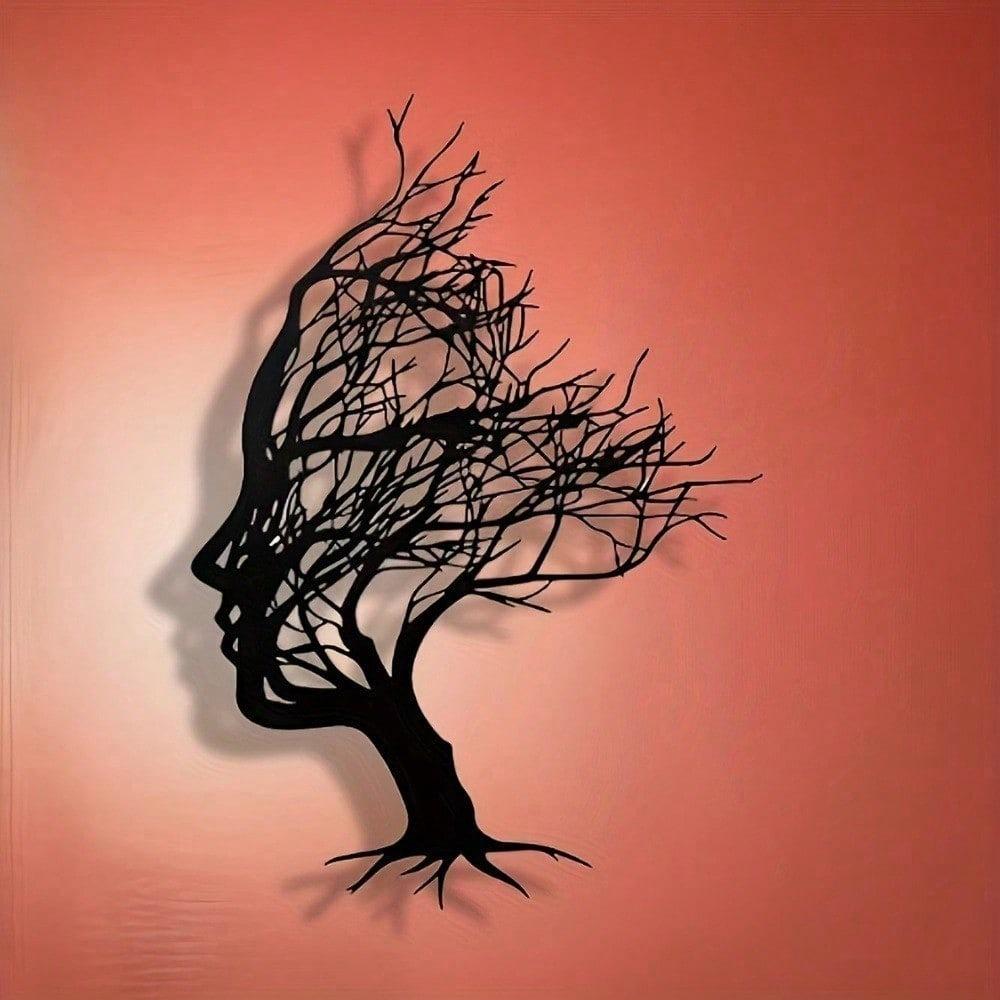 1 Stück Elegant und Minimalistisch: Ausgehöhlter Ast und Frauenkopf Metallplatte mit Linien, ein Wandkunstwerk, ein modernes Handwerkszeichen