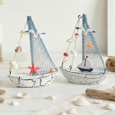 Modelli di Velieri in Legno Nautico Stile Spiaggia Costiera Nave Blu Bianca Statuetta da Tavolo per Casa Soggiorno Ufficio Arredamento Rustico