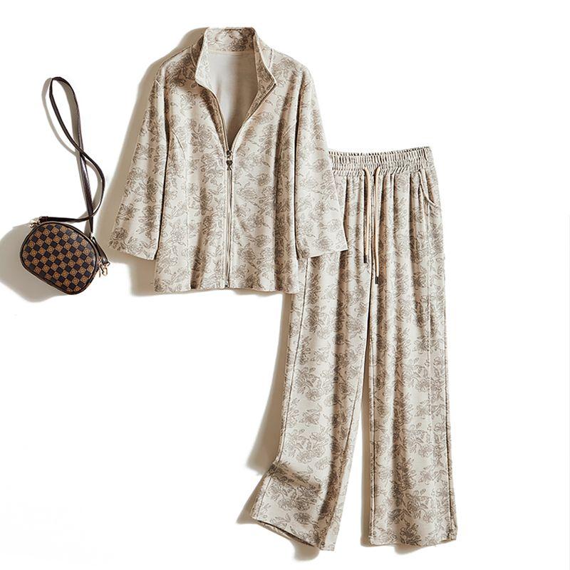 

May Day Buy without Hesitation Knit Breathable Fashion Suit! Elegant Women s Half Zipper Three-Quarter-Length-Sleeved T-shirt + Micro Wide Leg Pants Color digital printing White XXL