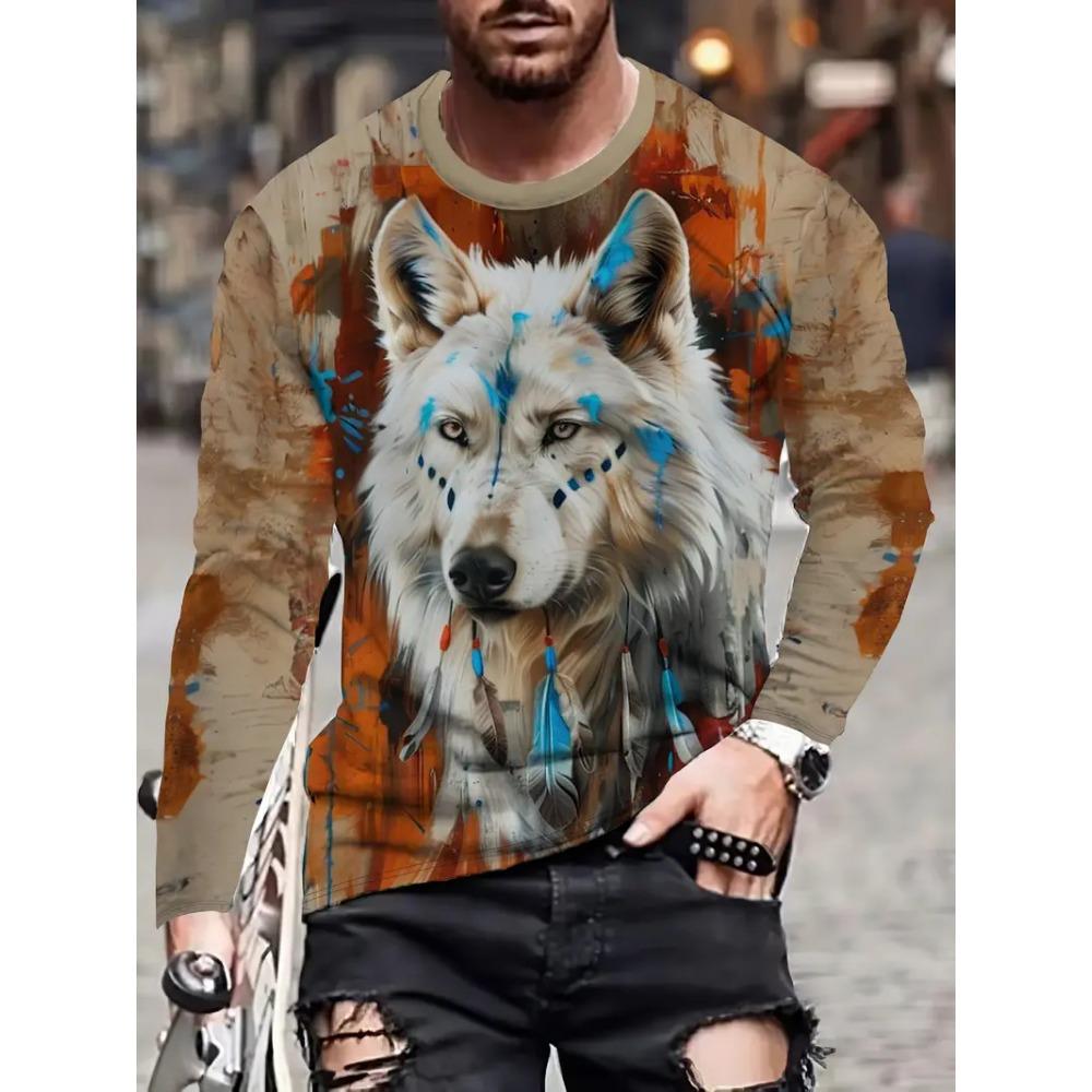 The Wolf Graphic Men's Long Sleeve T-shirt For Men Clothing 3D Full Printing Casual Top Tee Shirt Fashion Casual Kids Streetwear