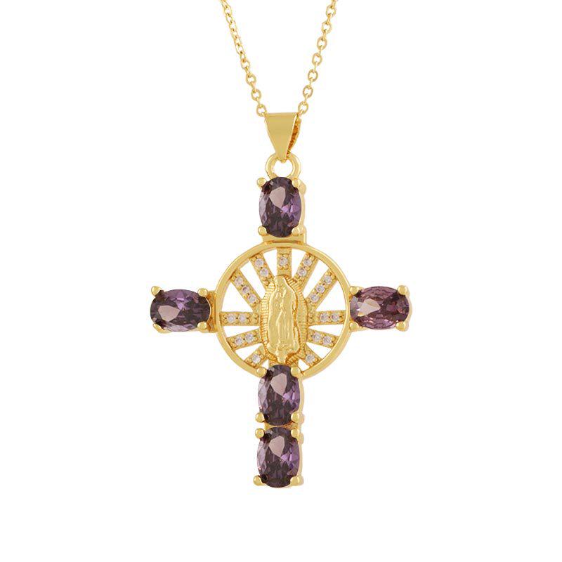 Copper Plated 18K Gold Cross Pendant Necklace with Multi-color Zircon Embellishments