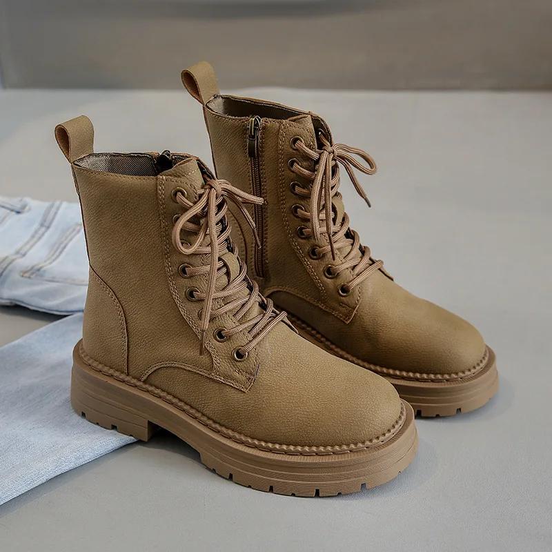 Women's Fashion Boots Retro Leather Ankle Boots Women Luxury Soft Sole Short Boots New Platform Non-slip Round Toe