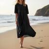 Dámské módní bavlněné a lněné jednobarevné šaty s kulatým výstřihem a polovičním rukávem, ležérní volné dlouhé šaty