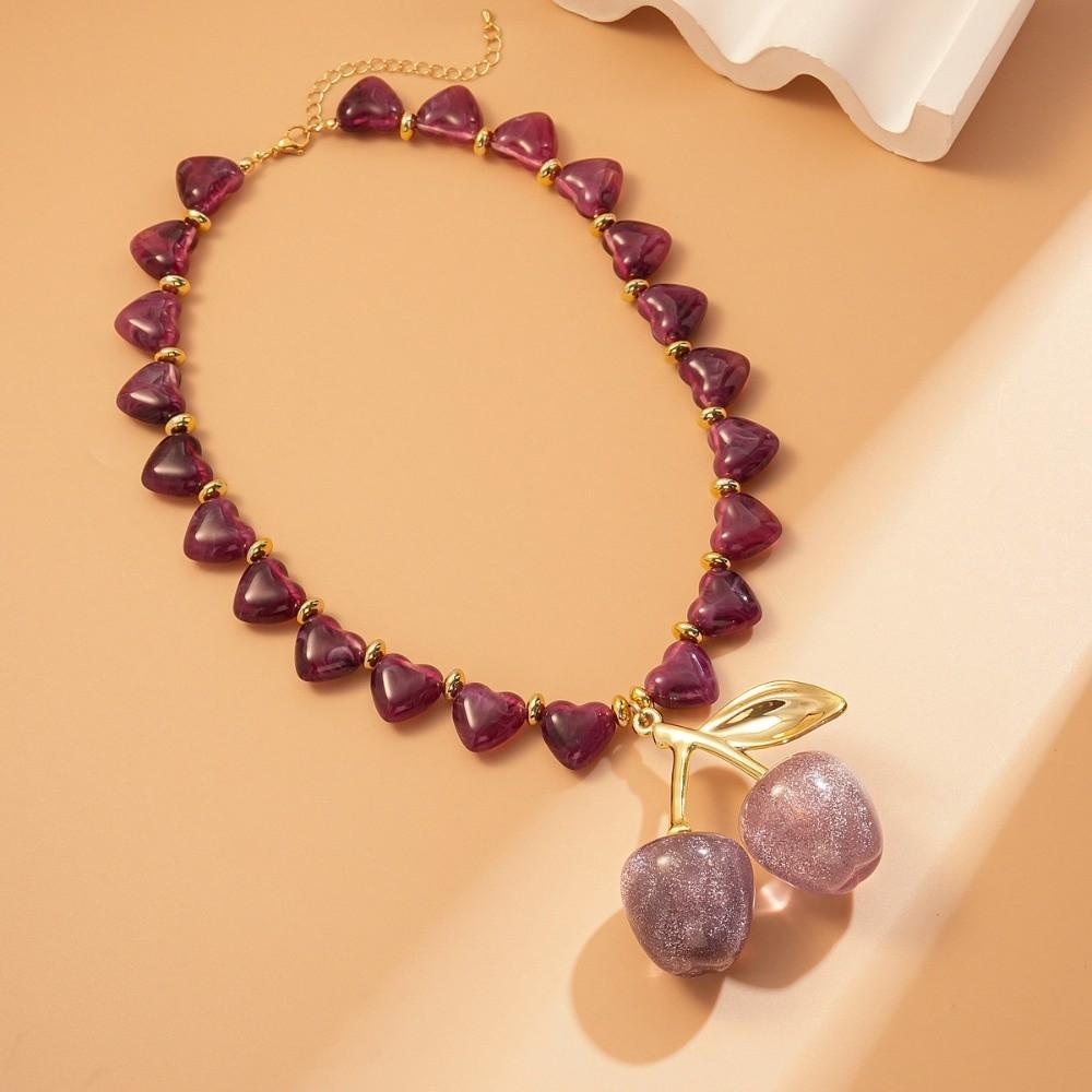 Love Heart Beadeds Women Cherry Necklace Acrylic Bohemia Choker Cherry Pendant  Vacation