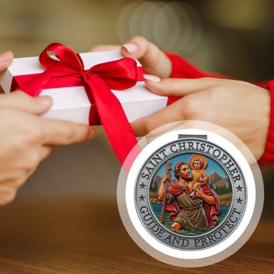 Yousheng St. Christopher Visor Clip for Car Zinc Alloy Religious Medal with "Protect Us" Prayer Spiritual Gift for Drivers