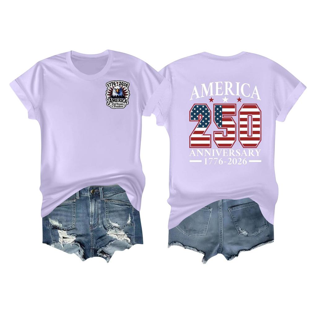Women's Casual Independence Day 250 Anniversary Printed T-shirt Round Neck Pullover Short Sleeve Top