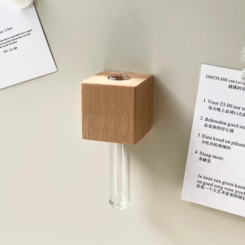 3D Wooden Flower Vase Refrigerator Magnet with Hydroponic Tube