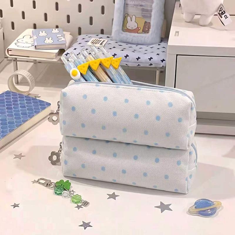 Cute Canvas Pencil Case With Blue Polka Dots And Flower Zipper Pull Perfect For Students School Stationery Storage
