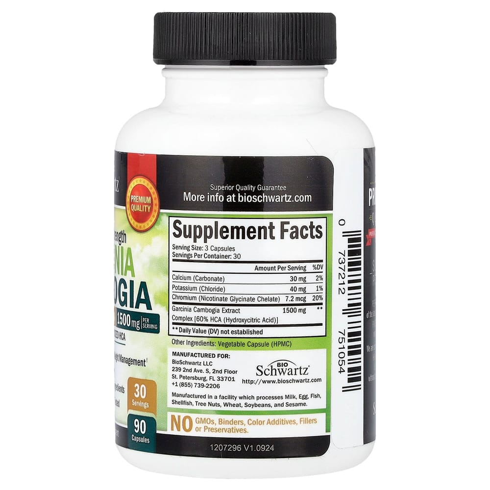 BioSchwartz Garcinia Cambogia 1500mg Gemüsekapseln, 90 Stück (500mg pro Kapsel)