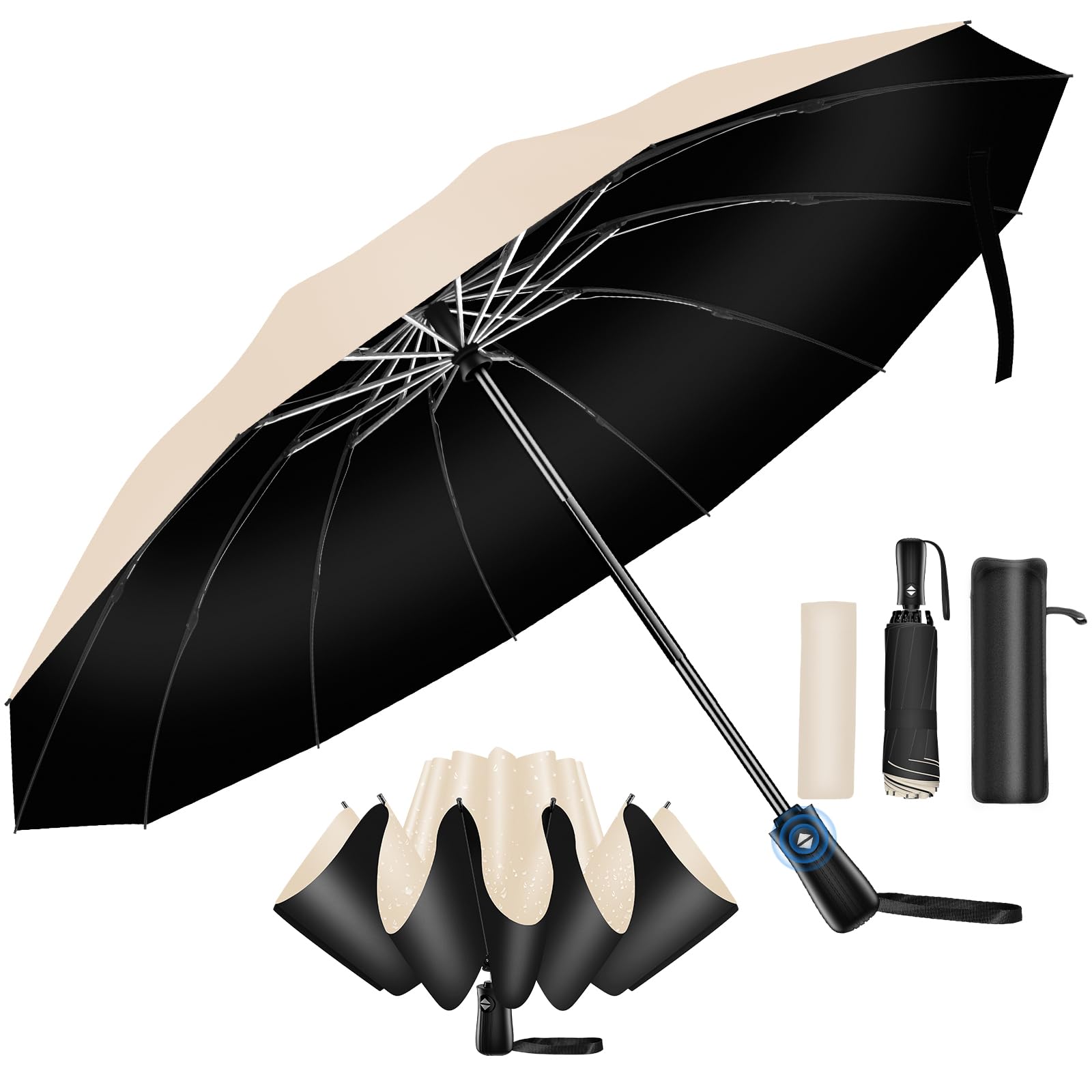 

Складной, автоматически открывающийся и складывающийся, складывающийся в обратном направлении, супер водонепроницаемый, очень большой, длинный, устойчивый к сильному ветру, подходит как для солнечной, так и для дождливой погоды бежевый