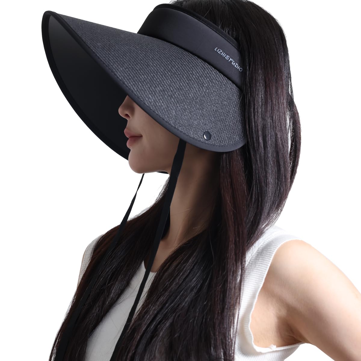 

Соломенная шляпа с широкими полями от солнца, защита от УФ-лучей, для шеи и подбородка, впитывающая пот, быстросохнущая, для маленького лица, для улицы [IFSUN] Женский козырек, шляпа, защита UPF+50, накидка, ремешок, впитывающая, сушащая, чёрный