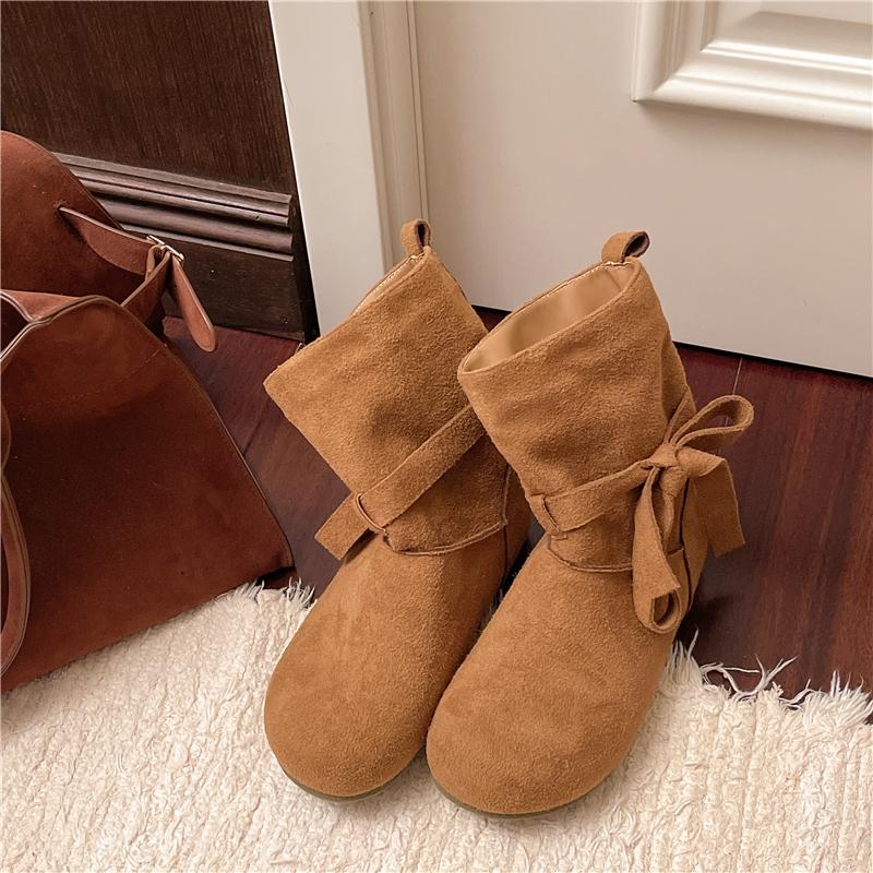 Fashion Fall New Flat Shorthole Boots Women's Fashion Round Toe Suede Sleeve Bow Non-Slip Single Boots
