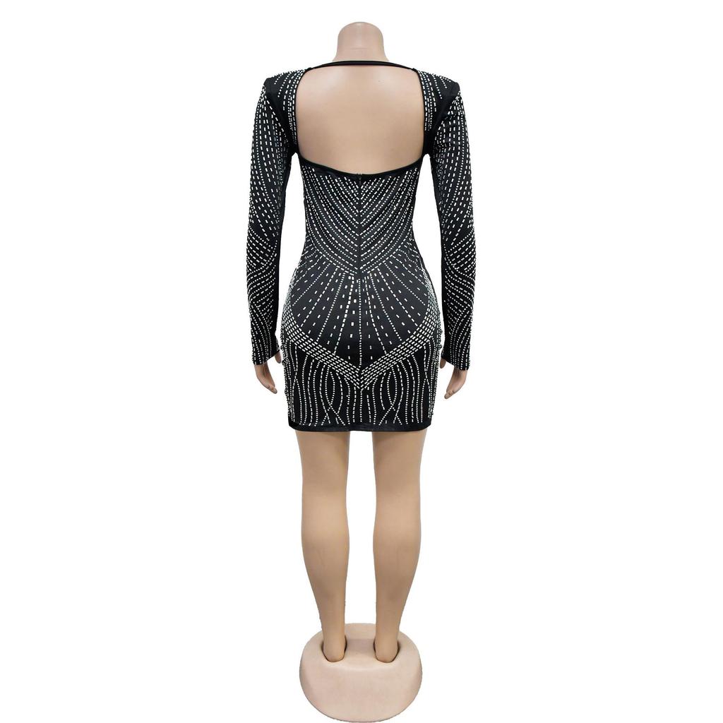 Women's Fashion Solid Mesh Crystal Long Sleeve Dress