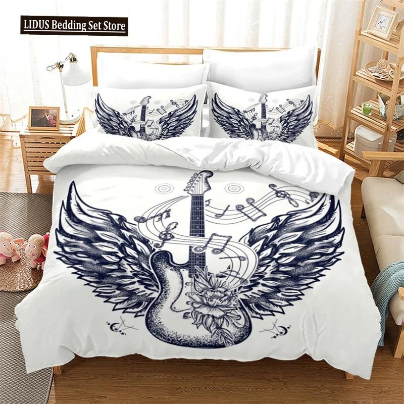 

Comforter Guitar Queen Rock Music Theme Bedding Set Grunge Color Splashed Brick Wall Background Electronic Guitar Mics Design Comforter (quilt)-EU Single(135*200cm)3pcs