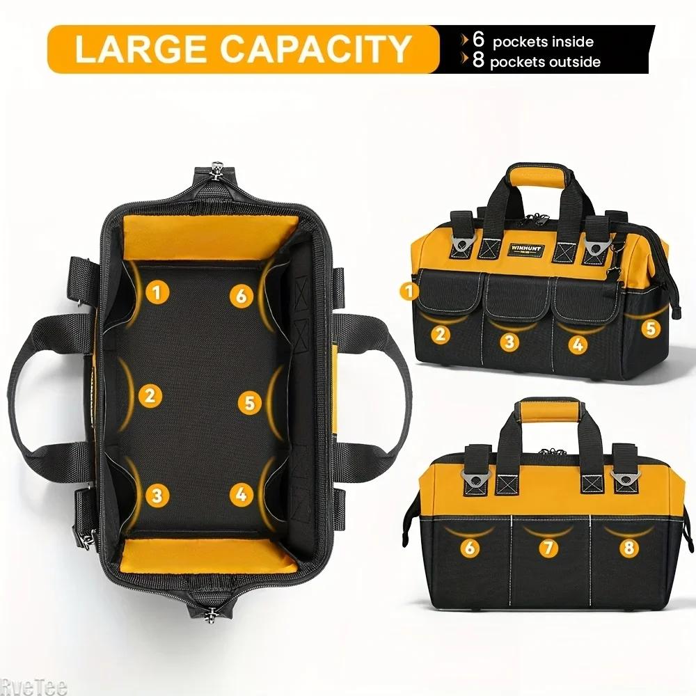 WINHUNT Large Tool Bag Heavy Duty 14-Pocket Organizer with Shoulder Strap Easy Zippered Carry Bag for Construction Electrician