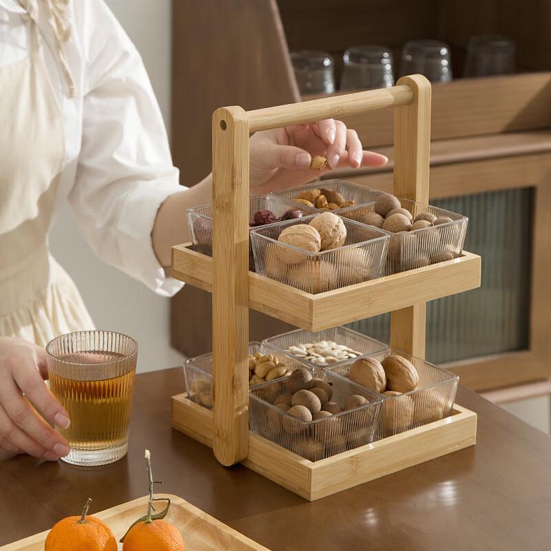 Bamboo & Ceramic Multi-Tier Fruit Snack Basket