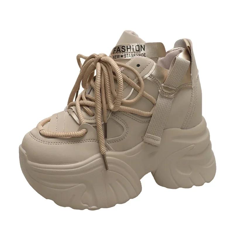 

Модные женские прогулочные кроссовки, осенние туфли на шнуровке, высокие, на платформе, массивные, дышащие кожаные туфли, зимние туфли на танкетке 10,5 см, повседневная обувь 34 хаки