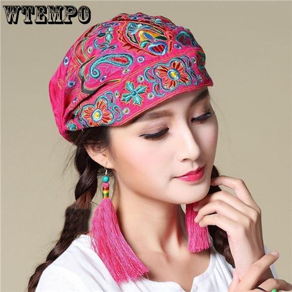 WTEMPO Women Casual Mexican Style Ethnic Vintage Embroidery Flower Black Blue Pink Red Printed Hats