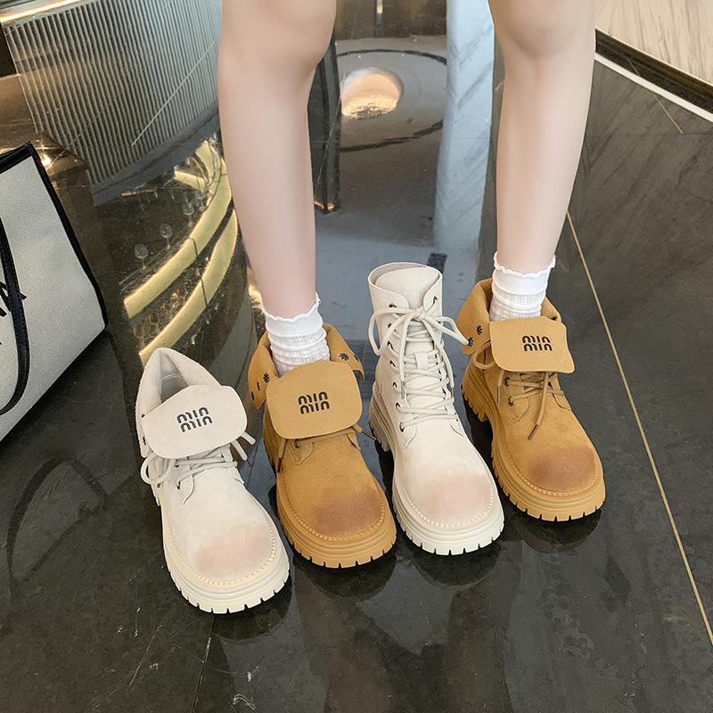 Frosted leather Martin boots 2025 new letter lapel popular boots big yellow boots two wear muffin women's shoes