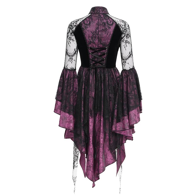 Gothic Lace Sheer Dress with Chinese Collar and Back Lace-Up, Irregular Hem, Perfect for Halloween Cosplay (JP, Alphabet, Small)