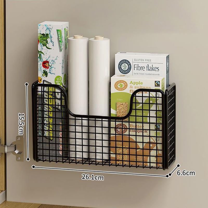 1Pc Iron Storage Rack With 2 Patch Hooks Punch-free Kitchen Cabinet Door Inner Wall-mounted Shelf Storage Box