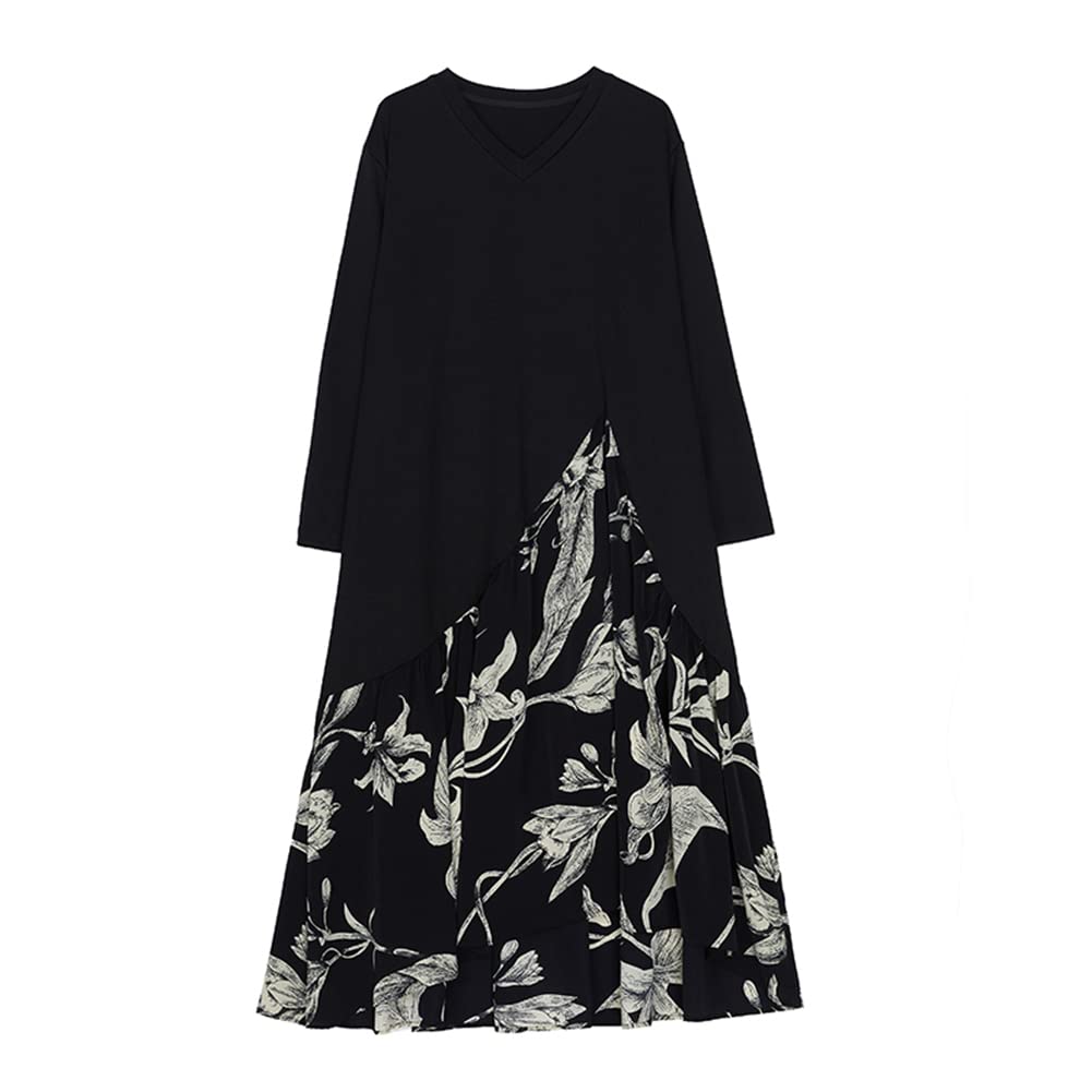 Maxi Long Floral Long One Loose Body Autumn Dress [TAITENG] Dress, Sleeve, Pattern, Switching, V-Neck, Length, Piece, Autumn, Oversized, Dress, Tunic,