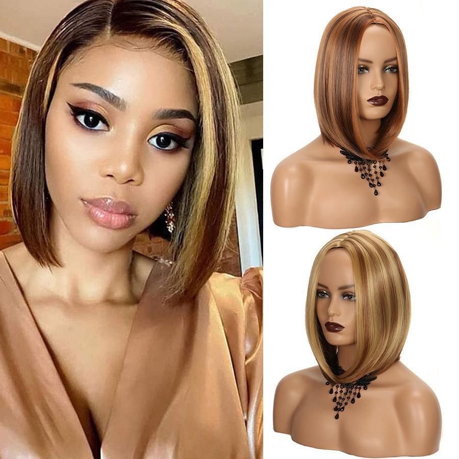 Lace Front Wig For Women Short Black European Style Middle Part Synthetic Hair Elegant Piano Color Fashionable Wig