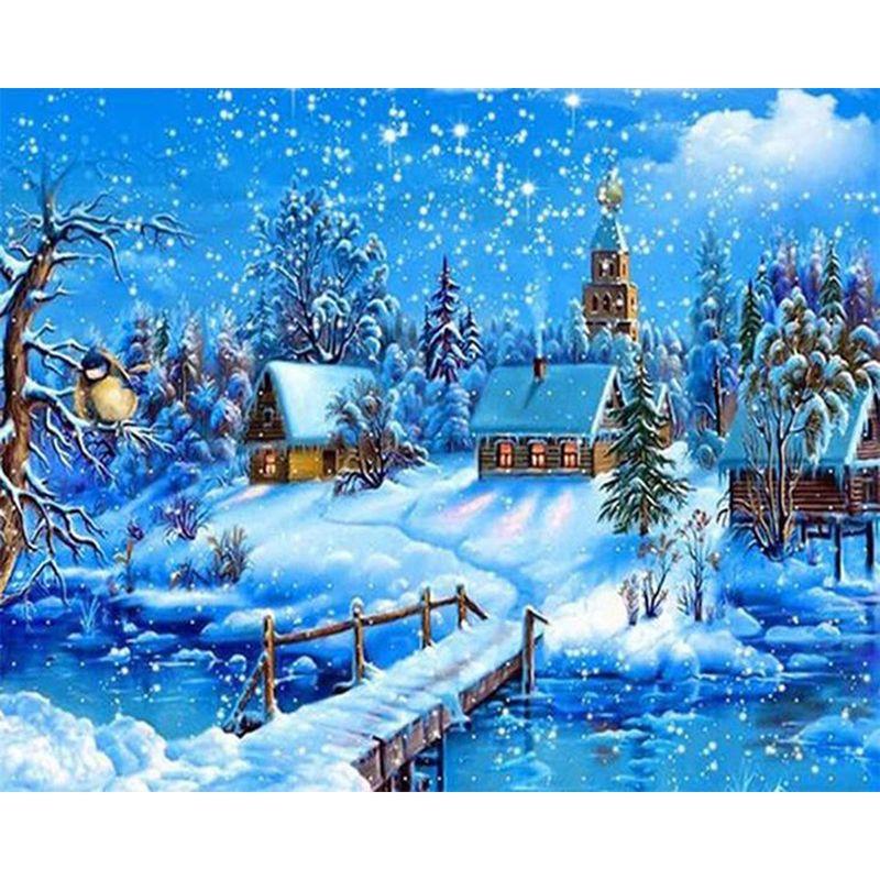 Full Round Diamond Painting Handmade Winter Scenery Cross Stitch 5d Diamond Embroidery House Landscape Decor