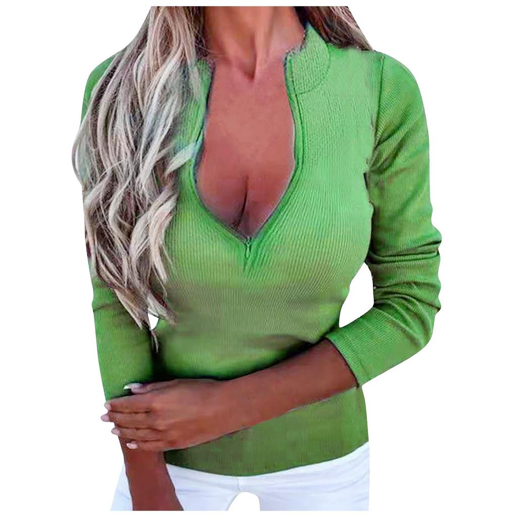 Casual Women's Color Sexy Long-sleeved Pullover Zipper T-shirt Top