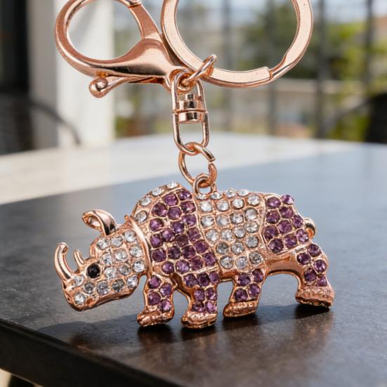 Keychain Pendant 3D Cartoon Rhinoceros Design Sparkling Rhinestones Inlaid Key Chain with Lobster Clasp Key Ring Bags Accessories