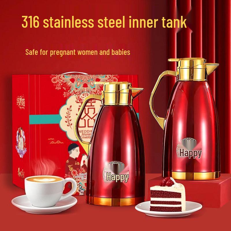 Stainless Steel Red Thermos Gift Set: Wedding Pair Hot Water Bottles