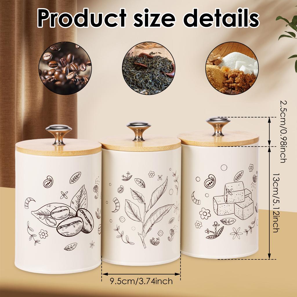 3Pcs Vintage Print Metal Canister Set with Airtight Wood Lids Sugar Tea Coffee Storage Containers Jar for Counter Dining Room
