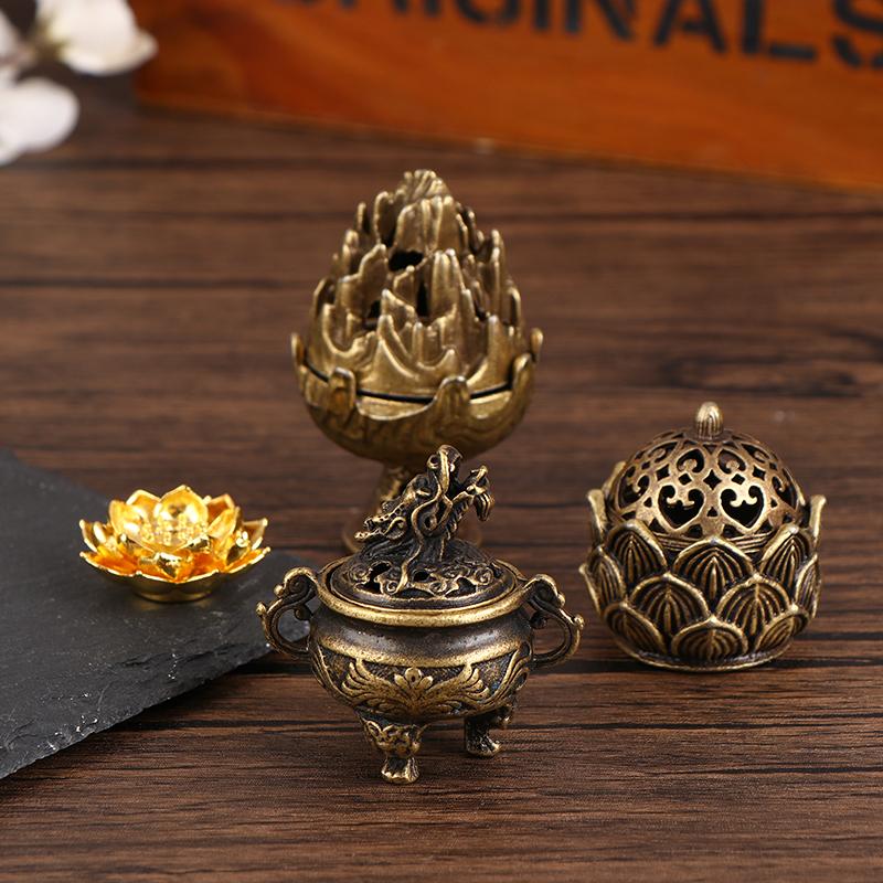 1Pc Retro Alloy Small Lotus Mountain Hollow Out Incense Stick Burner Incense Holder With Cover Home Decoration Crafts
