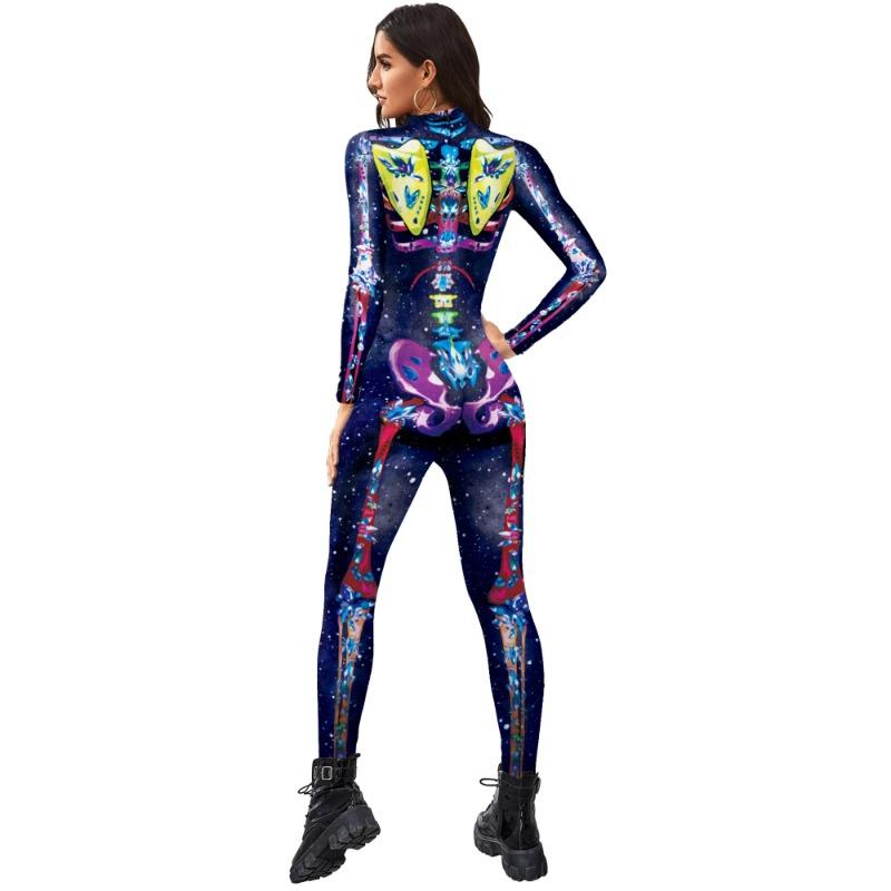 Horror Purple Skull Print Bodysuit Day Of The Dead Halloween Party Role Playing Set Adult Bodysuit Carnival Costume