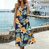 Women Sleeveless V Neck Pocket Split Hem Midi Dress Floral Print Linen Cotton Blend Casual Summer Dress