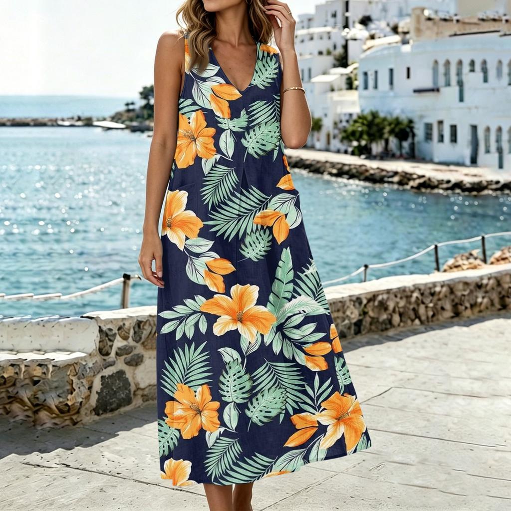Women Sleeveless V Neck Pocket Split Hem Midi Dress Floral Print Linen Cotton Blend Casual Summer Dress